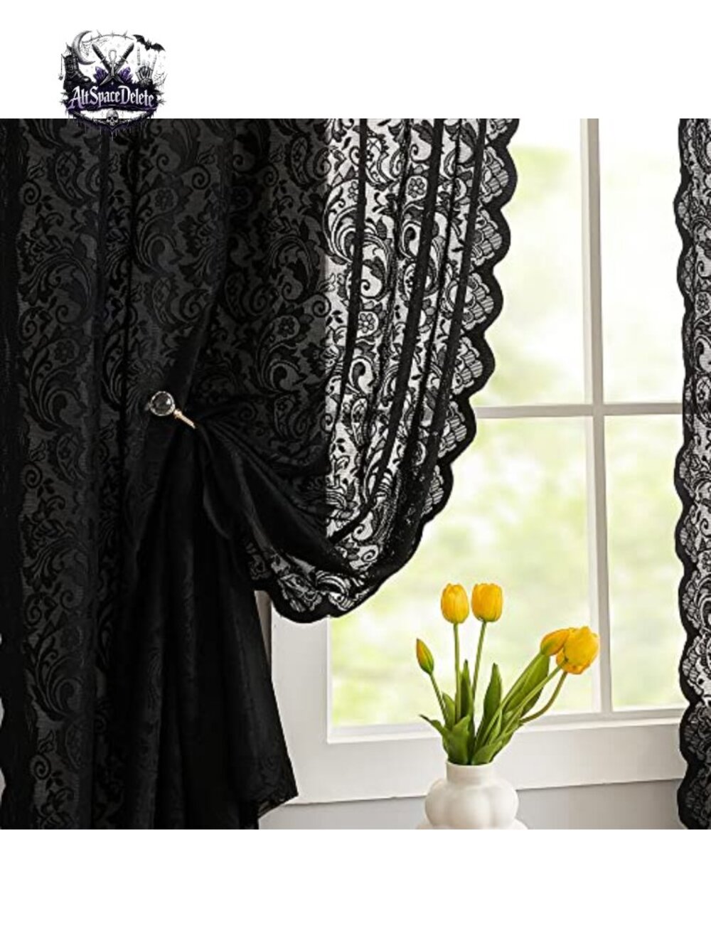 Gothic Black Lace Curtains 52W x 63L Pair Semi-Sheer Rod Pocket